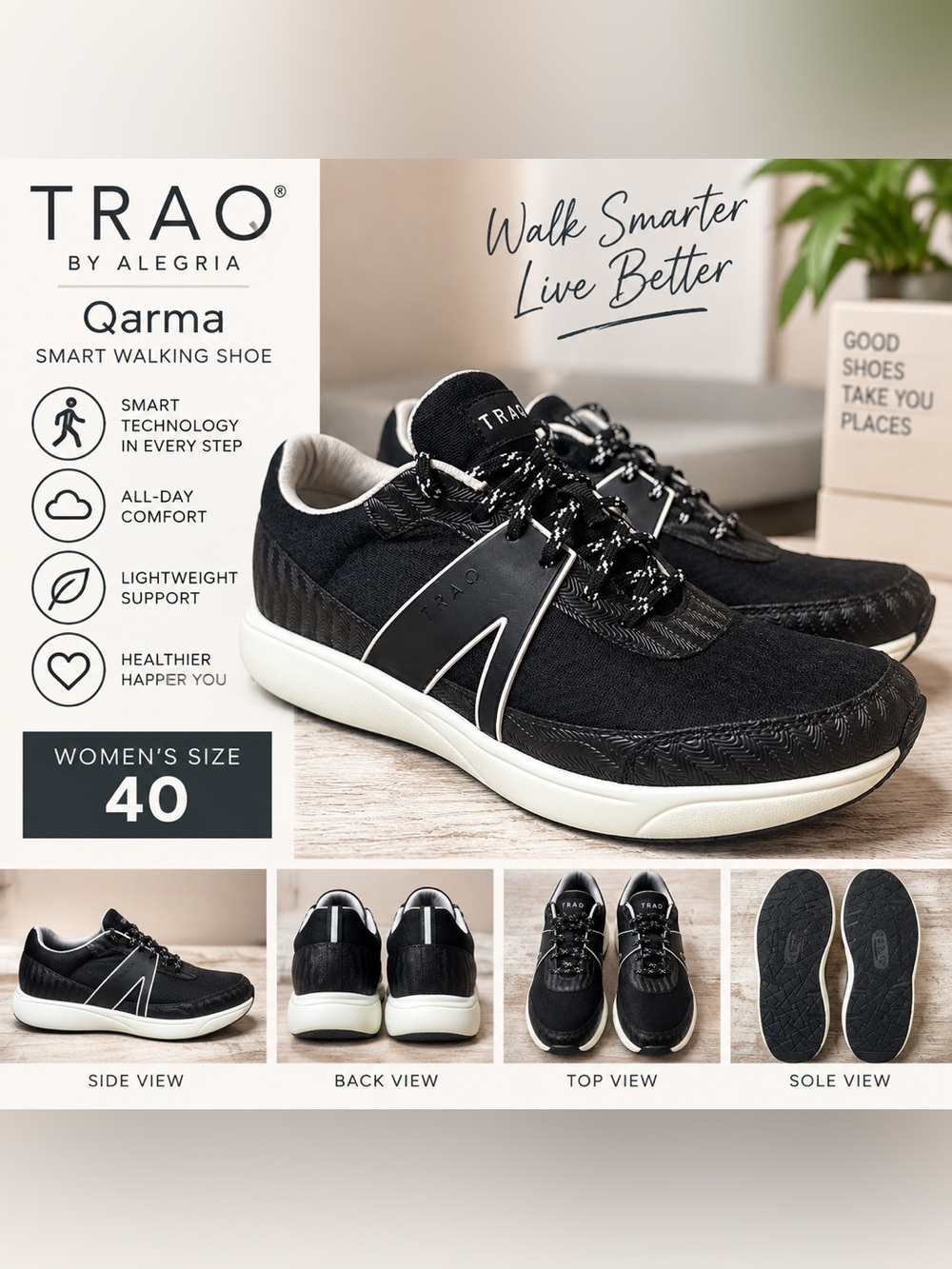 TRAQ by Alegria Qarma Women’s Smart Walking Shoe QAR-5993 Black Size 40